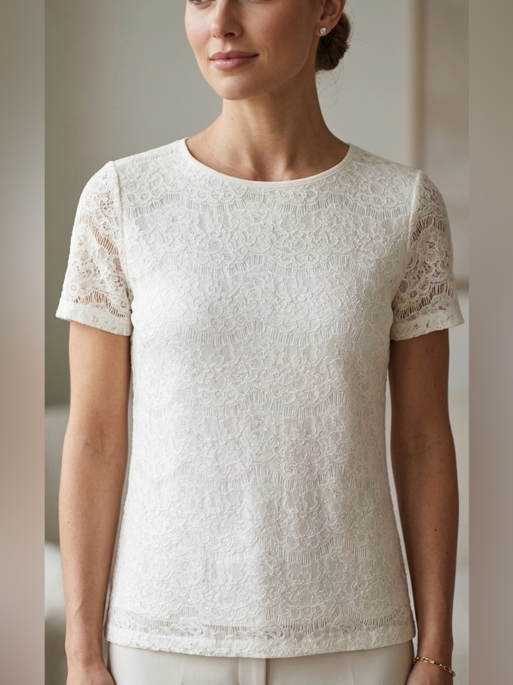 REISS White Lace Short Sleeve Blouse Top - Size XS - Straight Hem Romantic